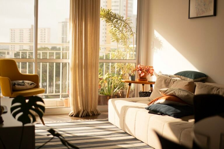 A living room with a large window
